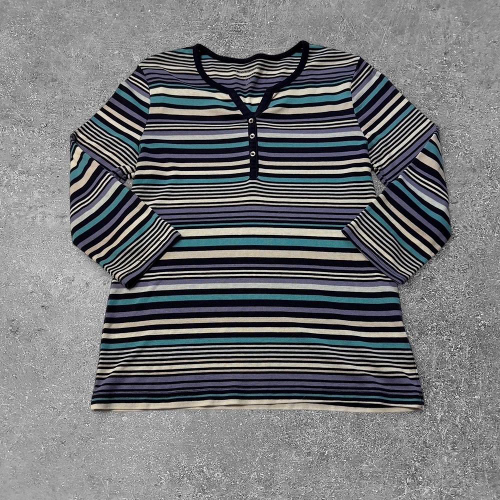 Croft & Barrow Striped 3/4 Sleeve Henley Tee Shirt Black Teal Purple Womens S